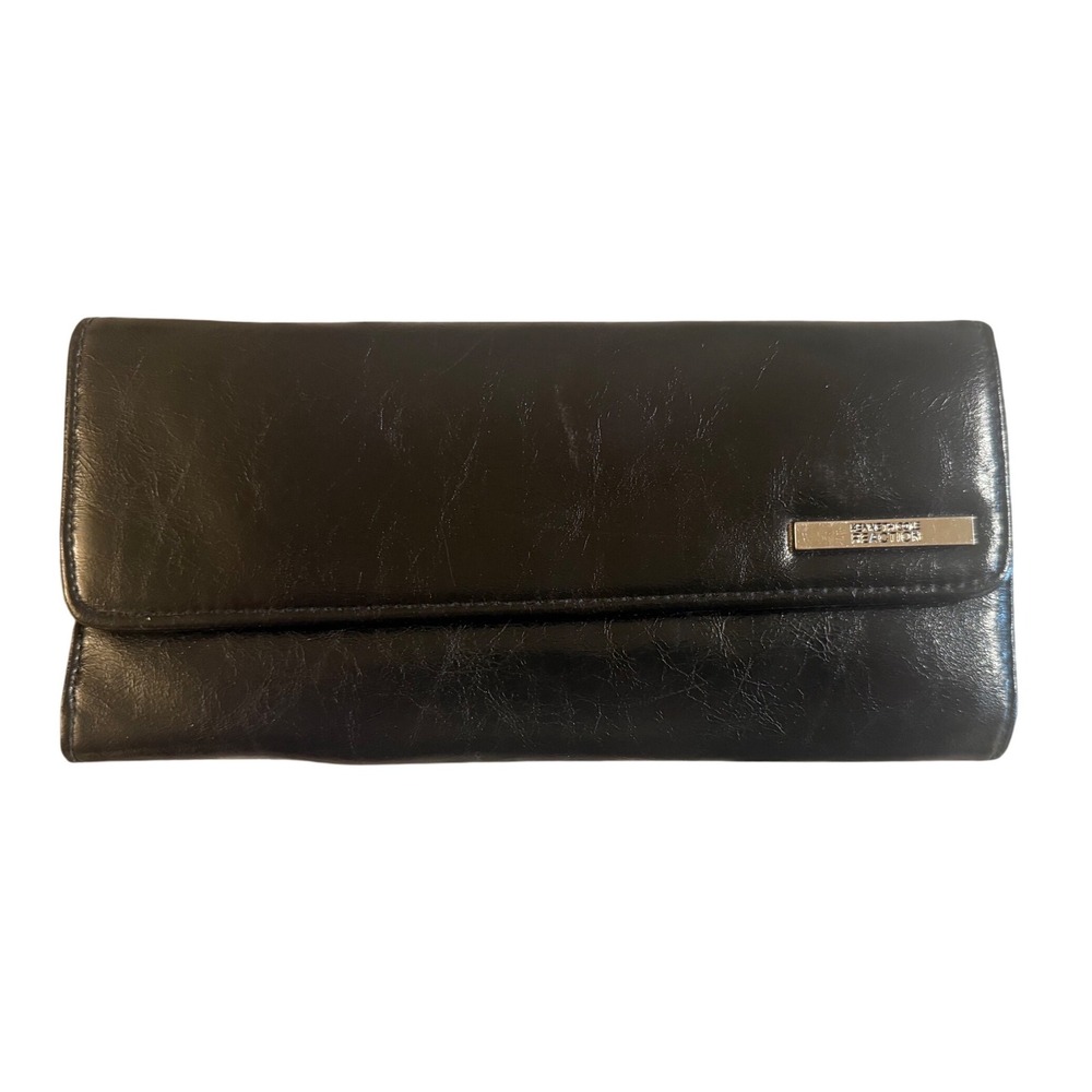 Kenneth Cole Reaction Black Faux Leather Leopard Print Tri-Fold Wallet Organizer
